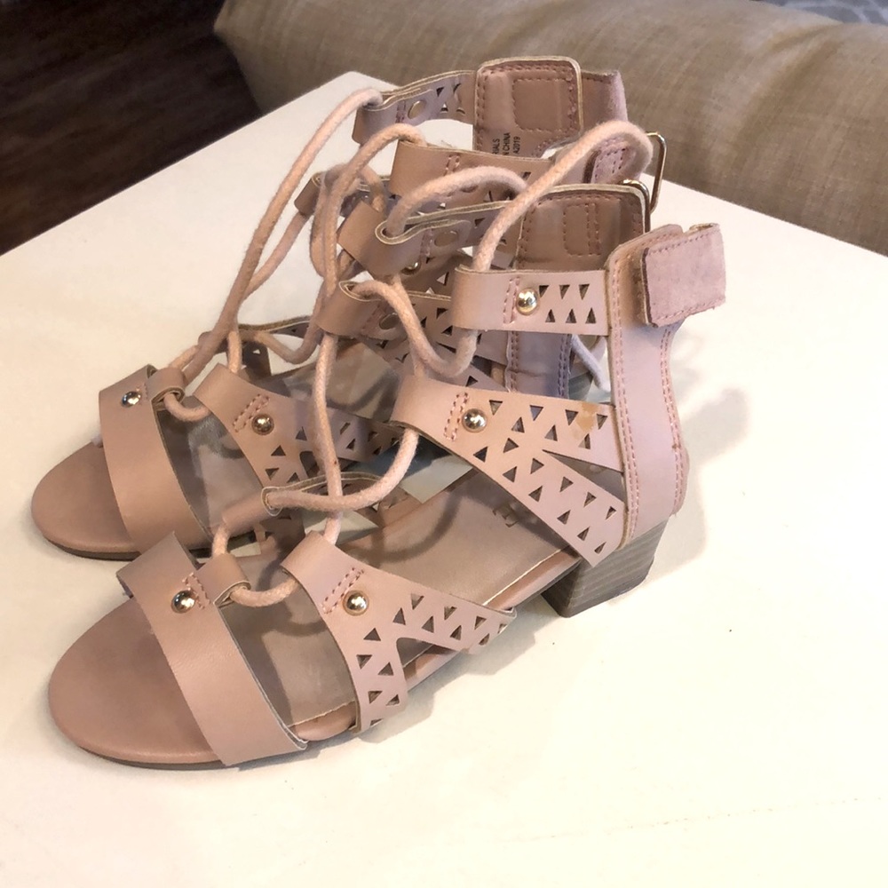 Girls metallic laser cut lace up low heel sandals